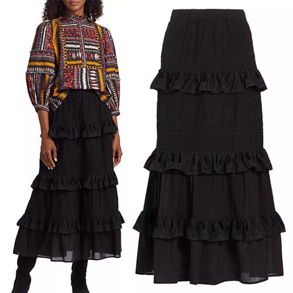 NEW Figue Elastic Waist Ruffle Tiered Eyelet Black Midi Skirt Size: Small - Picture 7 of 7